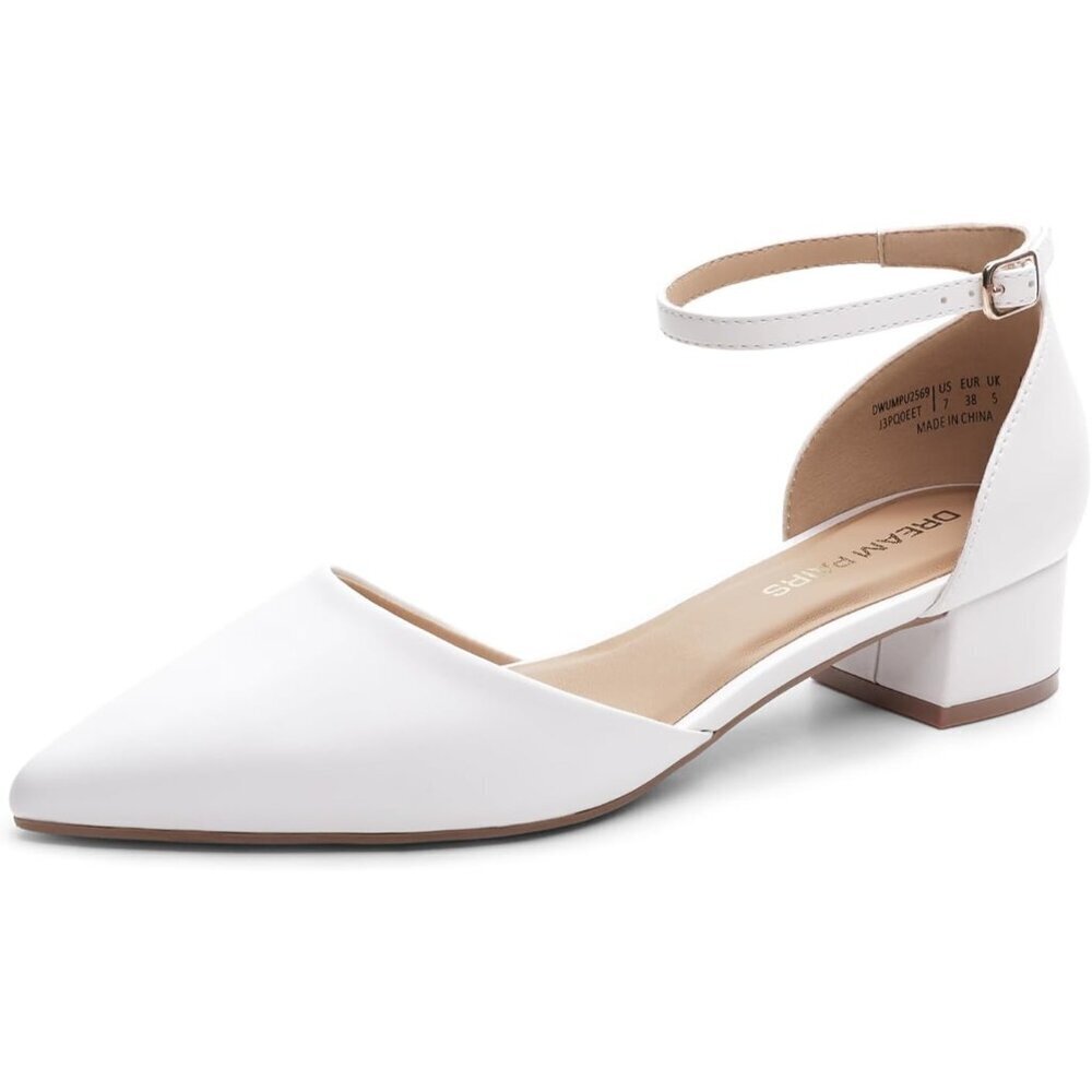 Dream Pairs Women's White Faux Leather Closed Pointed Toe Low Heel Pumps Shoes